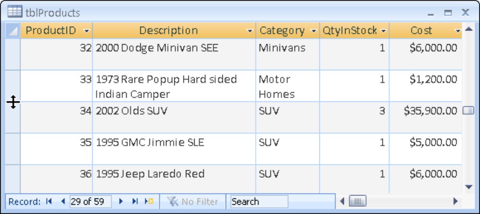 Changing a row’s height. Simply put the mouse pointer between two rows. When the mouse pointer changes to arrows pointing up and down, drag to the desired height.